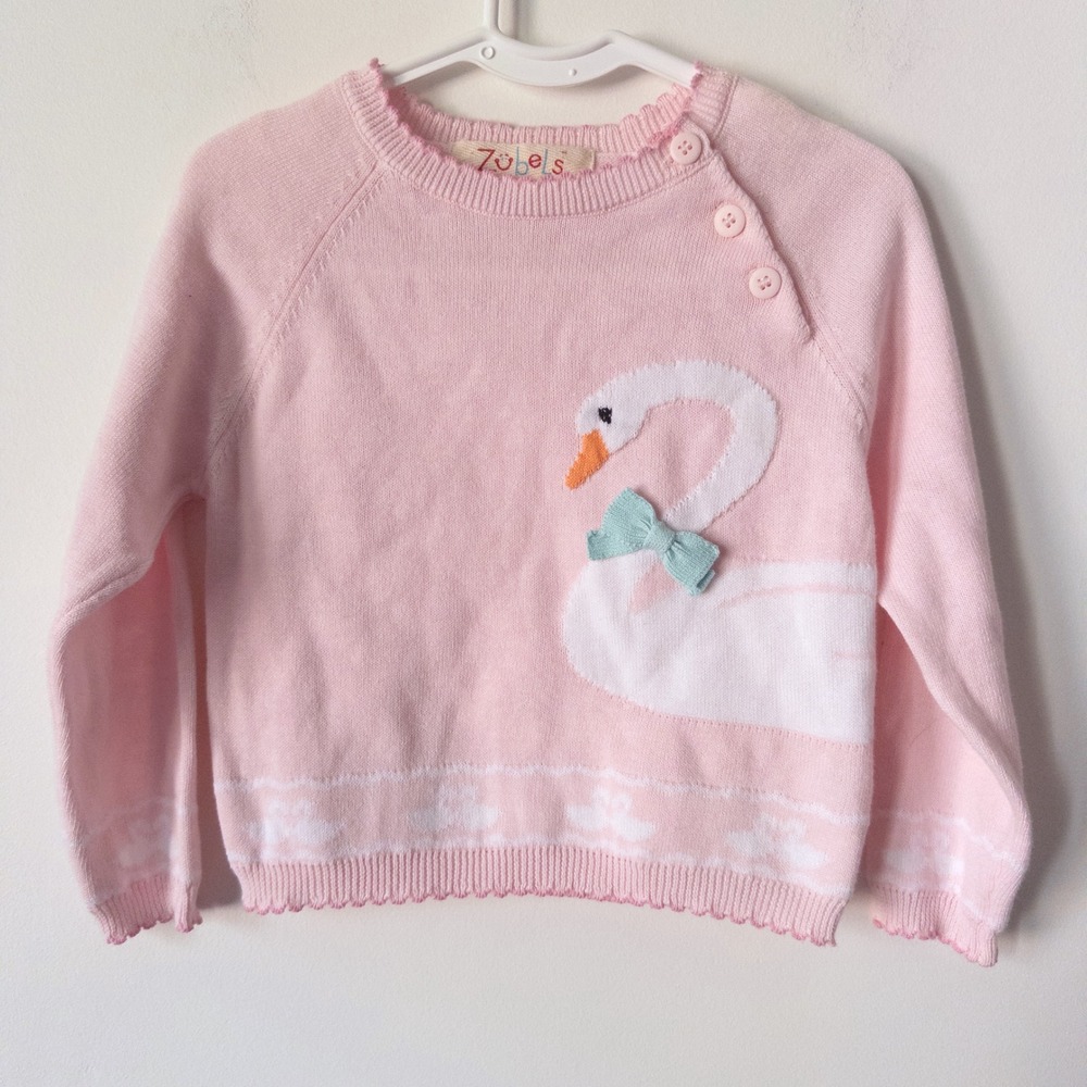 Zubels Girls Pink Swan Applique Knit Sweater with Buttons Adorable Cute‎